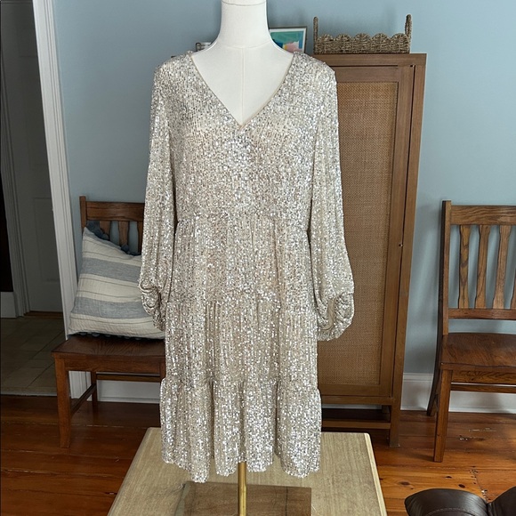 Eliza J Dresses & Skirts - Eliza J Champagne Sequin V-Neck Long Sleeve Dress